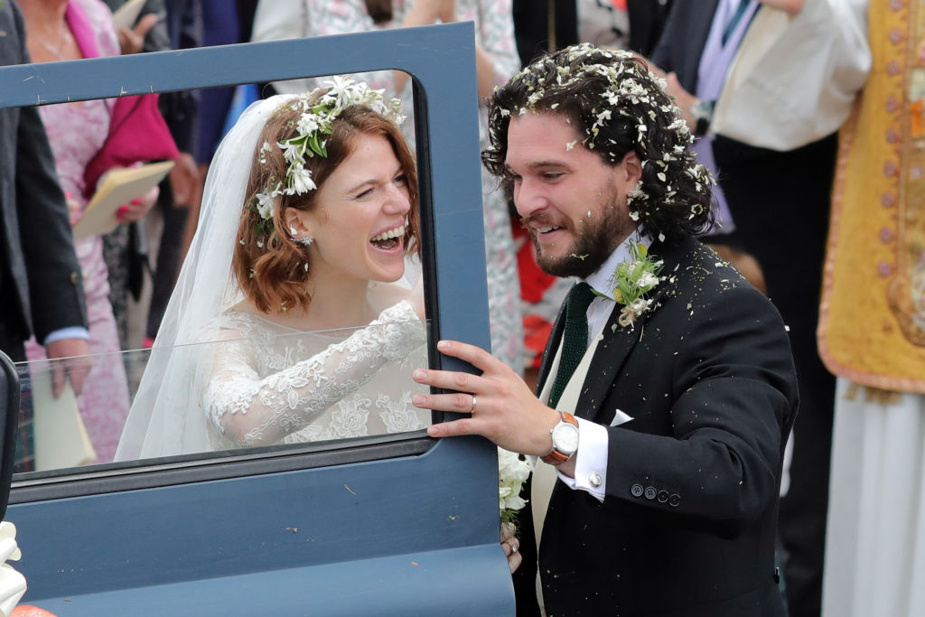 ABERDEEN, SCOTLAND - JUNE 23: Kit Harrington and Rose Leslie departing Rayne Church in Kirkton on Rayne after their wedding on June 23, 2018 in Aberdeen, Scotland. (Photo by Mark Milan/GC Images)