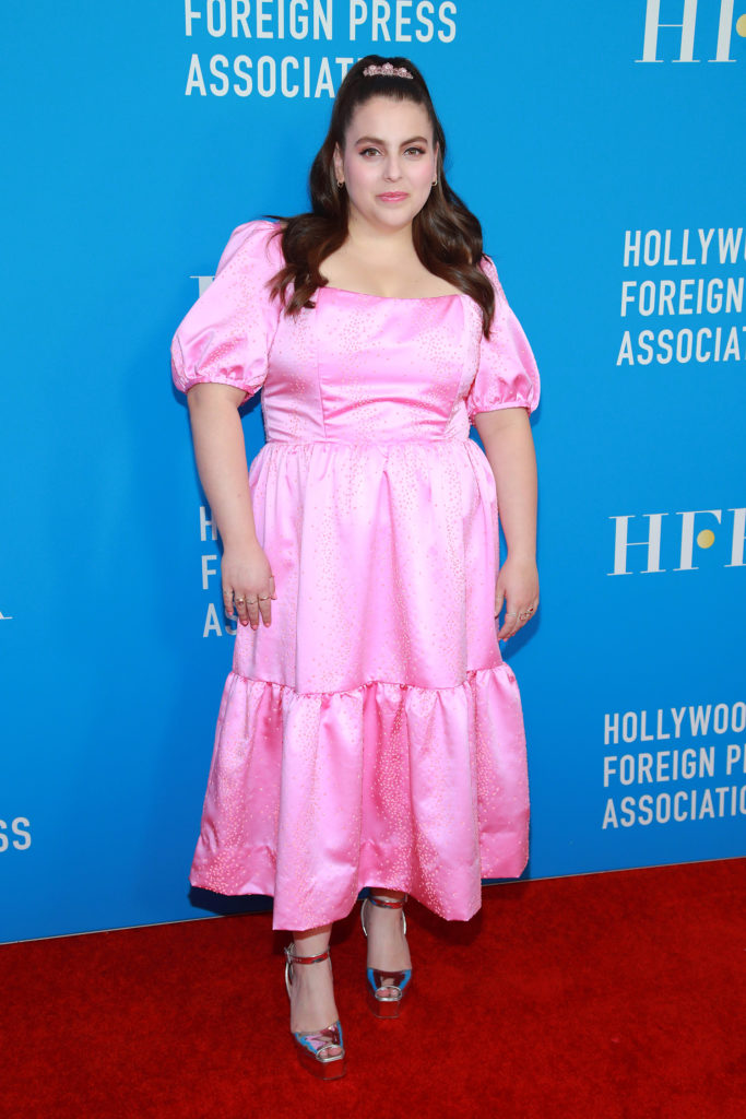 Beanie Feldstein wearing a pink dress at the Hollywood Foreign Press Association's Annual Grants Banquet